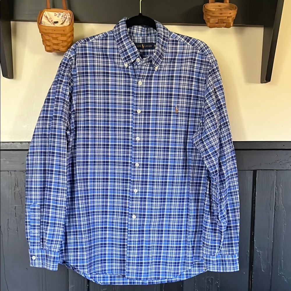 Blue Plaid Men's Shirt Ralph Lauren XL EUCling sleeve